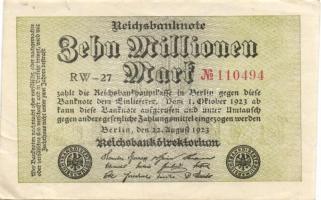 Német Birodalom / Weimari Köztársaság 1923. 10.000.000M (5x) egymás utáni ill. közeli sorszámokkal T...