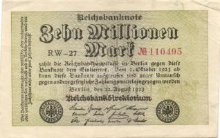 Német Birodalom / Weimari Köztársaság 1923. 10.000.000M (5x) egymás utáni ill. közeli sorszámokkal T...