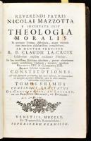 Nicolai Mazzotta: Theologia Moralis, in quinque tomos distributa, ... I-II. köt. Venettiis, 1760, Ex Typographia Remondiniana, XXIV+358; 347 p. Latin nyelven. Korabeli álbordás egészbőr-kötés, kopott borítóval, a gerincen sérüléssel, hiánnyal, foltos lapokkal.