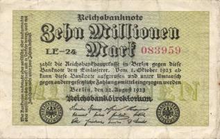 Német Birodalom / Weimari Köztársaság 1923. 10.000.000M (6x) közte kis ugrású sorszámokkal T:II,III