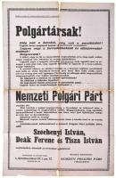 1922 Polgártársak! Elég volt a harcból, elég volt a pusztításból!, a Nemzeti Polgári Párt politikai hirdetménye, nagyméretű plakát, sérülésekkel, 95x62 cm