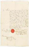 1825 Nyíregyháza város elöljáróinak tanúságlevele, töredezett viaszpecséttel, aláírásokkal, főbíró, jegyző, senátori aláírásokkal.
