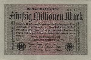 Német Birodalom / Weimari Köztársaság 1923. 50.000.000M (6x) szürke papíron zöld ill. fekete cégjelz...