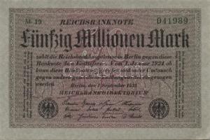 Német Birodalom / Weimari Köztársaság 1923. 50.000.000M (6x) szürke papíron zöld ill. fekete cégjelz...