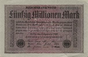 Német Birodalom / Weimari Köztársaság 1923. 50.000.000M (6x) szürke papíron zöld ill. fekete cégjelz...