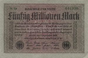 Német Birodalom / Weimari Köztársaság 1923. 50.000.000M (6x) szürke papíron zöld ill. fekete cégjelz...