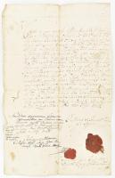 1776 Sajószentpéter elöljáróinak tanúságlevele, aláírásokkal, két töredezett viaszpecséttel, hajtott, szúette lyukkal.