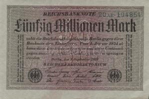 Német Birodalom / Weimari Köztársaság 1923. 50.000.000M (5x) szürke papíron, egymás utáni ill. kis u...