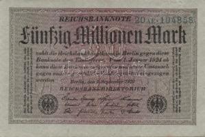 Német Birodalom / Weimari Köztársaság 1923. 50.000.000M (5x) szürke papíron, egymás utáni ill. kis u...