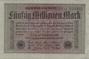 Német Birodalom / Weimari Köztársaság 1923. 50.000.000M (5x) szürke papíron, egymás utáni ill. kis u...
