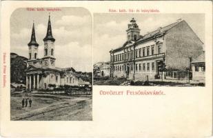 1908 Felsőbánya, Baia Sprie; Római katolikus templom, és fiú és leány iskola. Dácsek Péter kiadása / church, boy and girl school