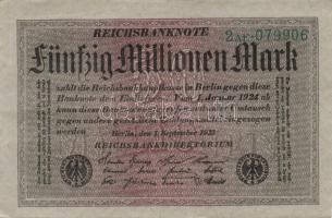 Német Birodalom / Weimari Köztársaság 1923. 50.000.000M (5x) szürke papíron, közte egymás utáni ill....