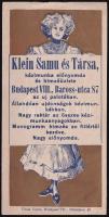 Klein Samu ás Társa, kézimunka előnyomda és himzőüzlete, Bp., VIII., Baross u. 87., számolócédula