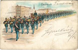 1898 (Vorläufer) Gruss aus Temesvár! Osztrák-magyar katonai parádé zenészekkel / Greetings from Timisoara! K.u.k. military parade with music band. Art Nouveau, litho (Rb)