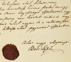 cca 1844-1849 (?) Váradolaszi, Bodó László biharmegyei alispán aláírása egy házassági engedélyen, vi...