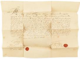 1825 Eger, Krammer János molnár, az egri érseki uradalom vízimolnára részére szóló mesterlevél, a tanúsító molnár gazdák aláírásaival, viaszpecsétekkel, szakadt, sérült, hajtott, 38x50 cm