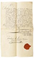 1784 Nagyharsány, munkáltatói tanúságlevél, aláírásokkal, viaszpecséttel.