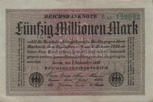 Német Birodalom / Weimari Köztársaság 1923. 50.000.000M (6x) szürke papíron zöld ill. fekete cégjelzéssel, közte közeli sorszámokkal T:II,III