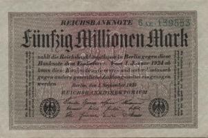 Német Birodalom / Weimari Köztársaság 1923. 50.000.000M (6x) szürke papíron zöld ill. fekete cégjelz...