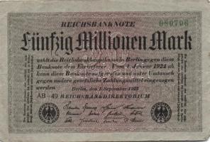 Német Birodalom / Weimari Köztársaság 1923. 50.000.000M (6x) szürke papíron zöld ill. fekete cégjelz...