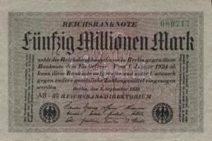 Német Birodalom / Weimari Köztársaság 1923. 50.000.000M (6x) szürke papíron zöld ill. fekete cégjelz...