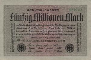 Német Birodalom / Weimari Köztársaság 1923. 50.000.000M (6x) szürke papíron zöld ill. fekete cégjelz...