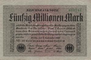 Német Birodalom / Weimari Köztársaság 1923. 50.000.000M (6x) szürke papíron zöld ill. fekete cégjelz...