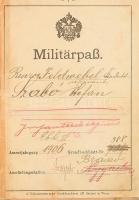 1906-14 Katonai igazolvány (Militärpaß) szegedi születésű magyar katona részére, számos érdekes bejegyzéssel és bélyegzéssel, többségében német nyelven. Vászonkötésben, ragasztószalaggal javított kötéssel.