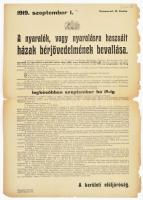 1919 A nyaralók, vagy nyaralásra használt házak bérjövedelmének bevallása, budapesti adóügyi hirdetmény, román cenzúrával, lapszéli sérülésekkel, 47,5x33 cm