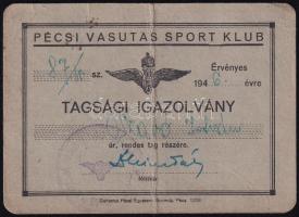 1946 Pécsi Vasutas Sport Klub (PVSK) tagsági igazolvány, törésnyommal