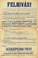 cca 1920-1926 A Gazdaságpolitikai Párt megalapításáról szóló politikai hirdetmény, Bp., Elek-ny., sérülésekkel, 94x63 cm