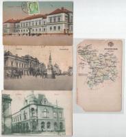 Szolnok, Kossuth tér, főgimnázium, kaszinó, Jász-Nagykun-Szolnok vármegye térképe - 4 db régi képeslap vegyes minőségben