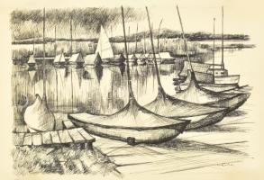 Olvashatatlan jelzéssel: Vitorláskikötő, tus, papír, 25x37 cm