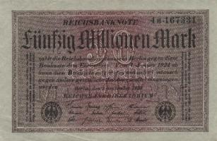 Német Birodalom / Weimari Köztársaság 1923. 50.000.000M (6x) szürke papíron, közte egymás utáni sors...