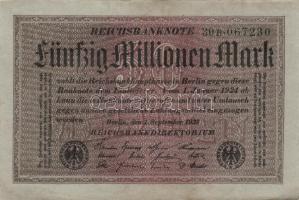 Német Birodalom / Weimari Köztársaság 1923. 50.000.000M (6x) szürke papíron, közte egymás utáni sors...