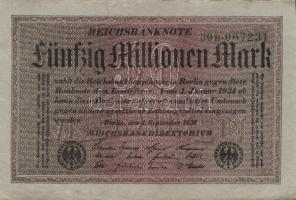 Német Birodalom / Weimari Köztársaság 1923. 50.000.000M (6x) szürke papíron, közte egymás utáni sors...