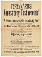 cca 1919 Terézvárosi Keresztény Testvéreink!, a Keresztényszociális Gazdasági Párt hirdetménye, román cenzúrával, Bp., Élet-ny., kissé sérült, 63x47 cm