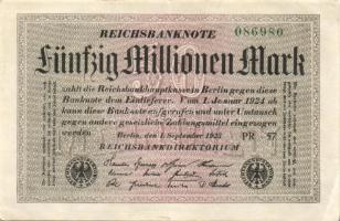 Német Birodalom / Weimari Köztársaság 1923. 50.000.000M (8x) fehér papíron, közte szomszédos ill. kis ugrású sorszámokkal T:II+,II,III