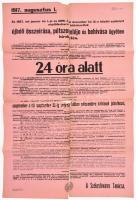 1917 Bp. Székesfőváros Tanácsának hirdetménye a népfölkelésre kötelezettek újbóli összeírása, pótszemléje és behívása ügyében. Két részben, sérülésekkel, (2 x) 95x31 cm
