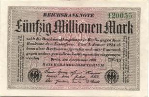 Német Birodalom / Weimari Köztársaság 1923. 50.000.000M (8x) fehér papíron, közte szomszédos ill. ki...