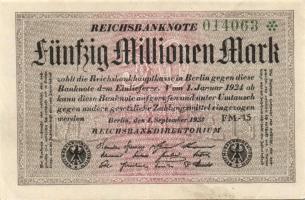 Német Birodalom / Weimari Köztársaság 1923. 50.000.000M (8x) fehér papíron, közte szomszédos ill. ki...