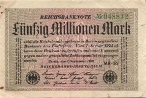 Német Birodalom / Weimari Köztársaság 1923. 50.000.000M (8x) fehér papíron, közte szomszédos ill. ki...