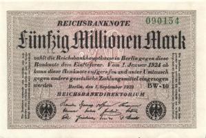 Német Birodalom / Weimari Köztársaság 1923. 50.000.000M (6x) fehér papíron, egymás utáni sorszámokkal T:I