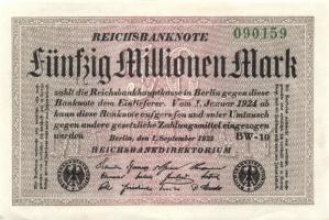 Német Birodalom / Weimari Köztársaság 1923. 50.000.000M (6x) fehér papíron, egymás utáni sorszámokka...