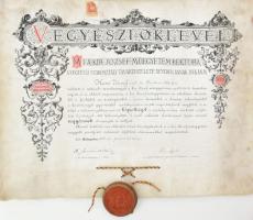 1906 A Magyar Királyi József Műegyetem vegyészmérnöki diplomája, okmánybélyeggel, pecséttel