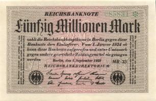 Német Birodalom / Weimari Köztársaság 1923. 50.000.000M (4x) fehér papíron, egymás utáni sorszámokkal T:I,II