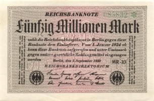 Német Birodalom / Weimari Köztársaság 1923. 50.000.000M (4x) fehér papíron, egymás utáni sorszámokka...