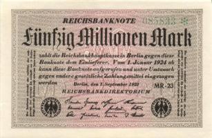 Német Birodalom / Weimari Köztársaság 1923. 50.000.000M (4x) fehér papíron, egymás utáni sorszámokka...