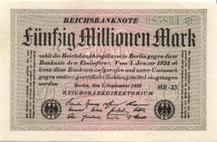 Német Birodalom / Weimari Köztársaság 1923. 50.000.000M (4x) fehér papíron, egymás utáni sorszámokka...