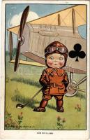Ace of Clubs Pilot with aircraft, golf club, French card. No. 897. (EK)